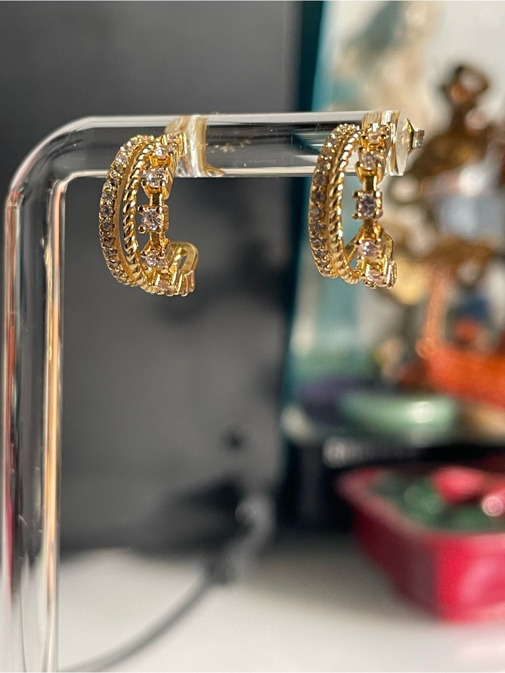 Gold Crystal-Accented Triple Hoop Earrings